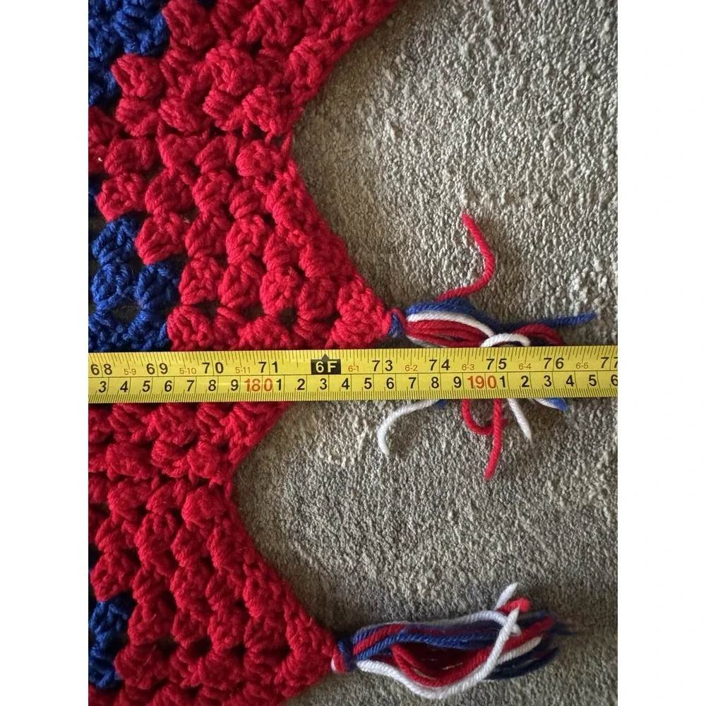 Granny Square Red White Blue Patriotic Hand Crochet Fringe Afghan Blanket 76 46